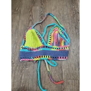 Handmade Crochet Women's Small Bralette Halter Cross Tie Back Top Rainbow